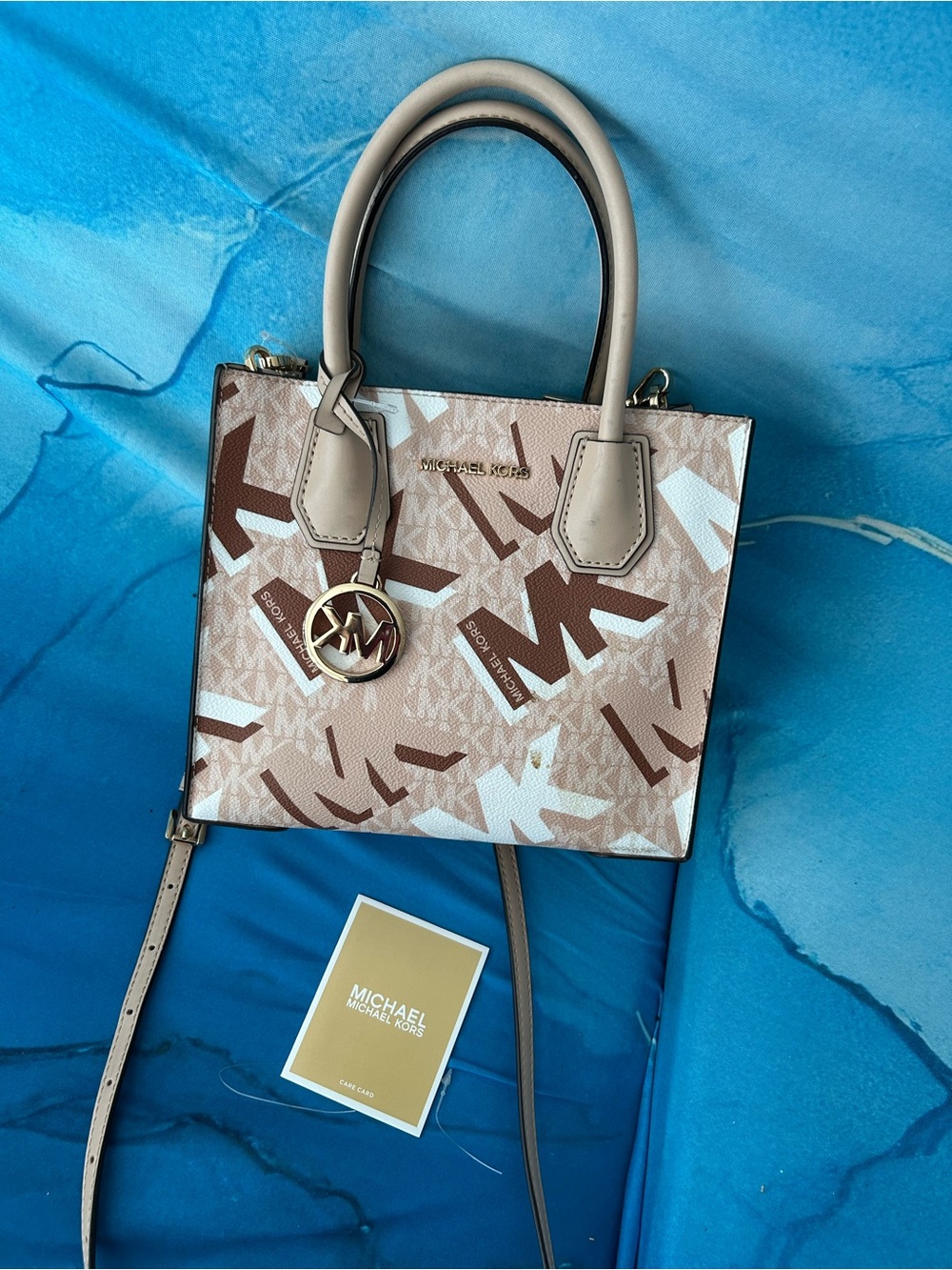 Michael Kors Beige Brown Logo-Print Satchel with Gold Charm